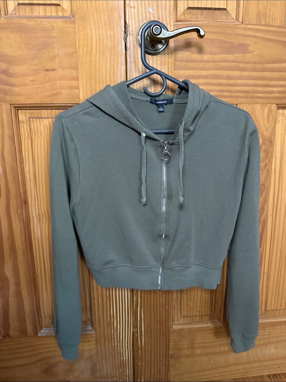 Ambiance Olive Green Cropped Zip-Up Hoodie with Ring Pull